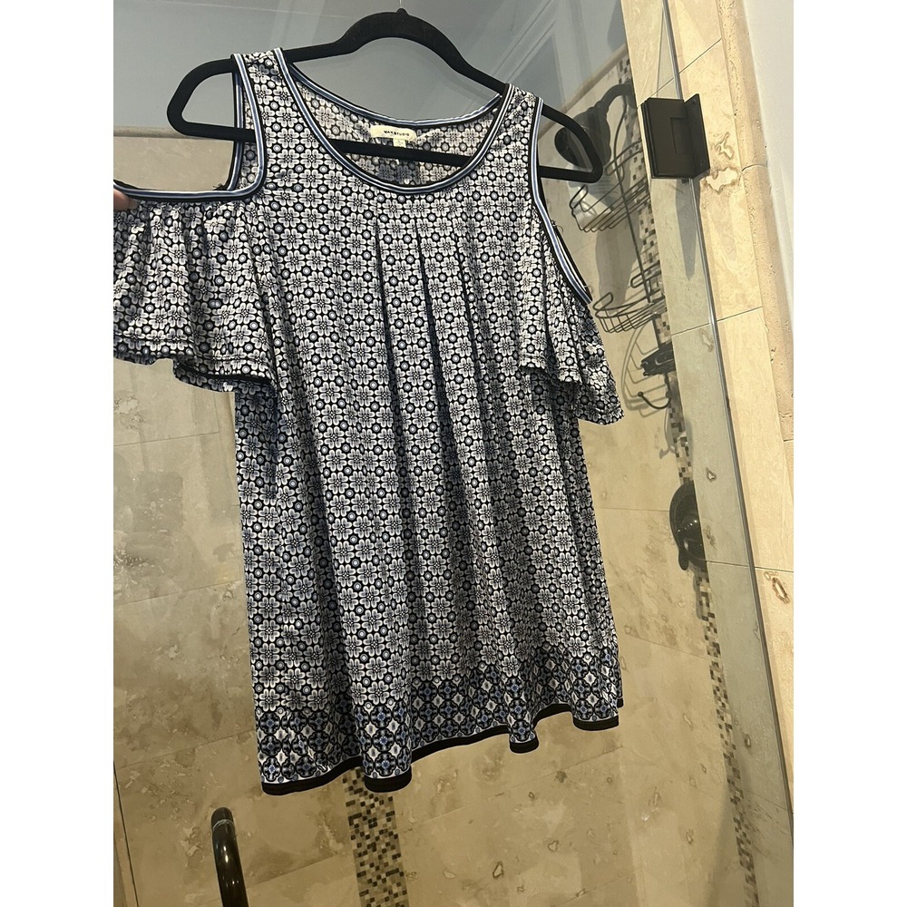 Max Studio L  Large Blue White Printed Cold Shoulder Tunic Blouse Jersey